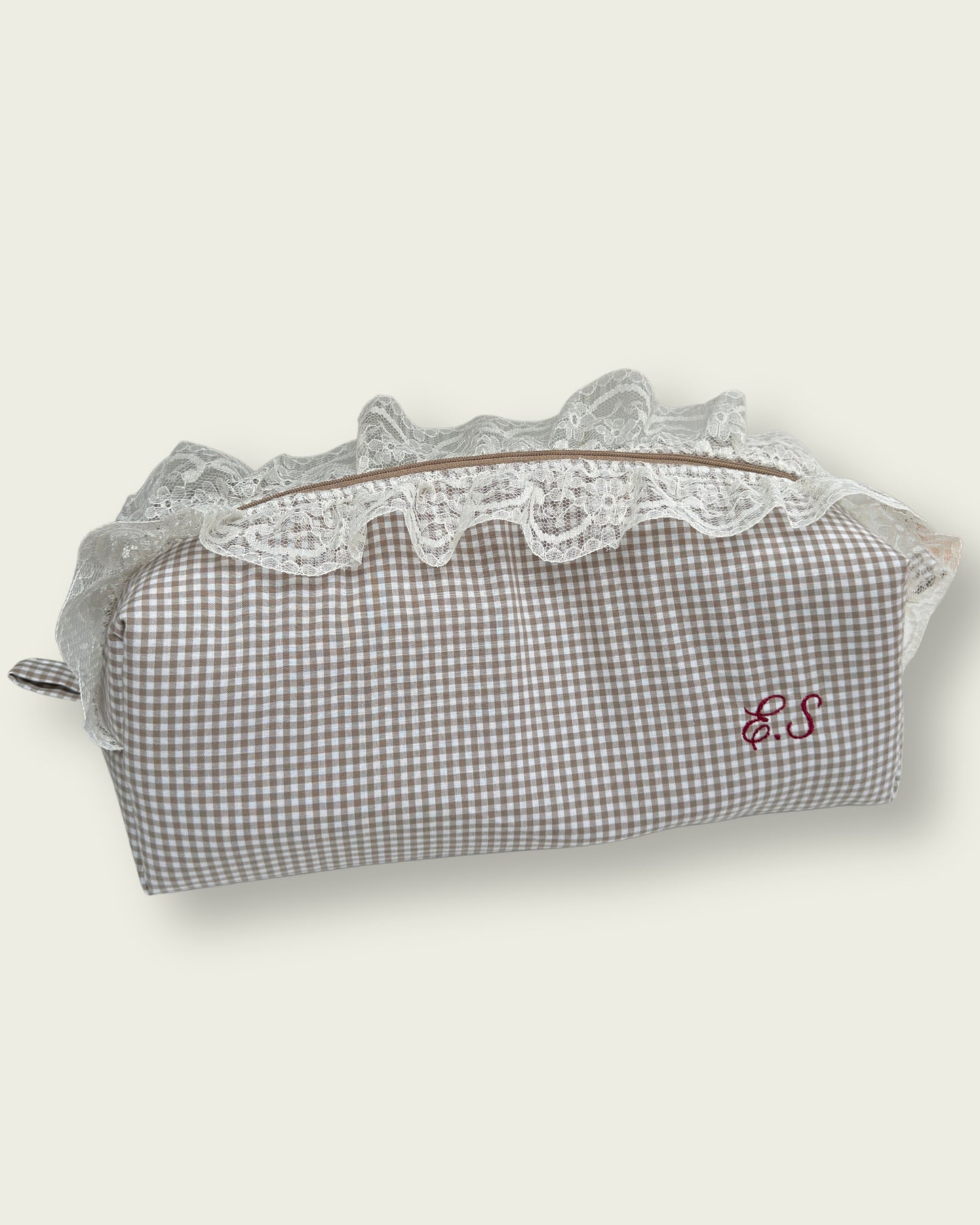 Beige Gingham Lace Hair Tool Bag - Small print