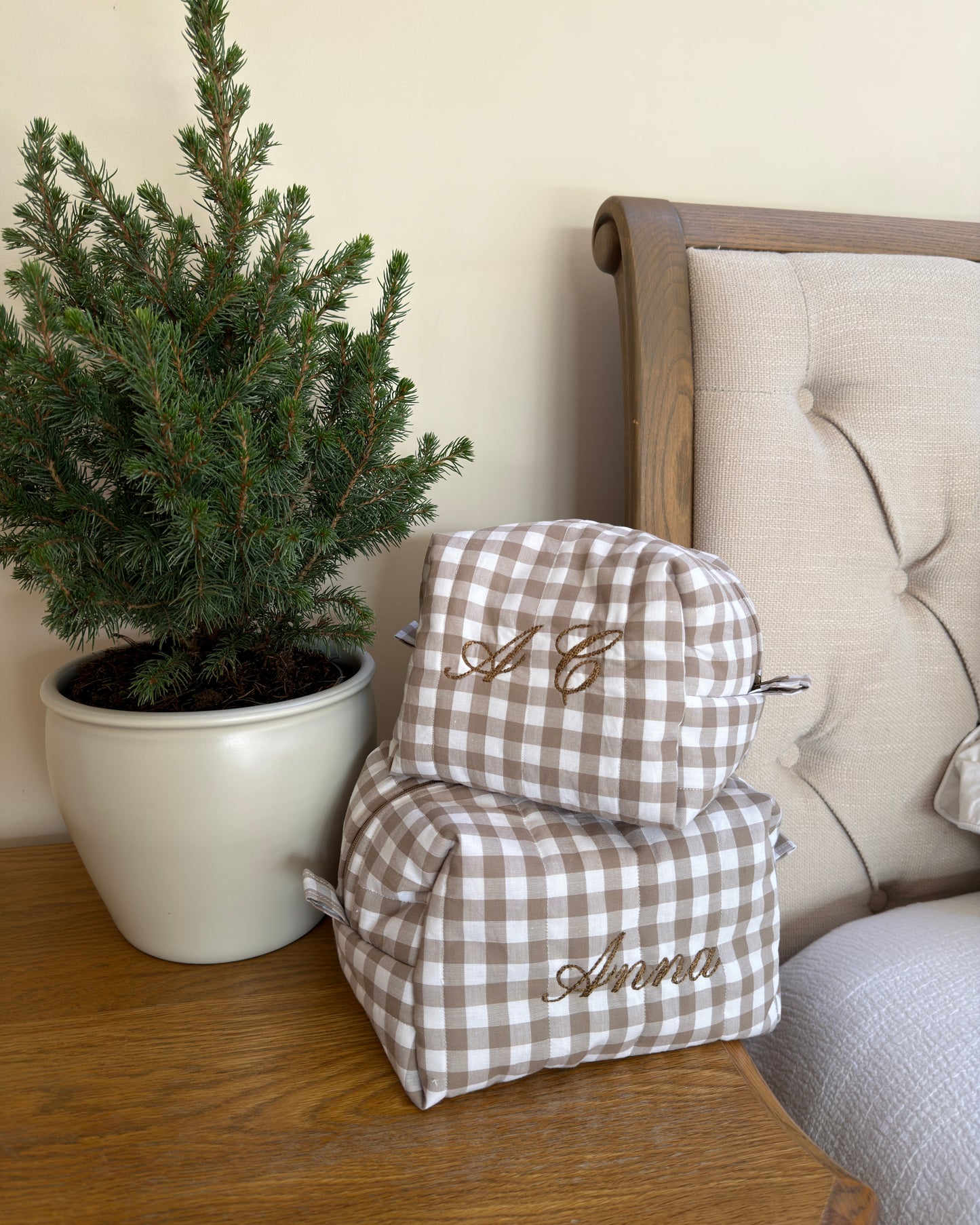 Beige Gingham Wash Bag