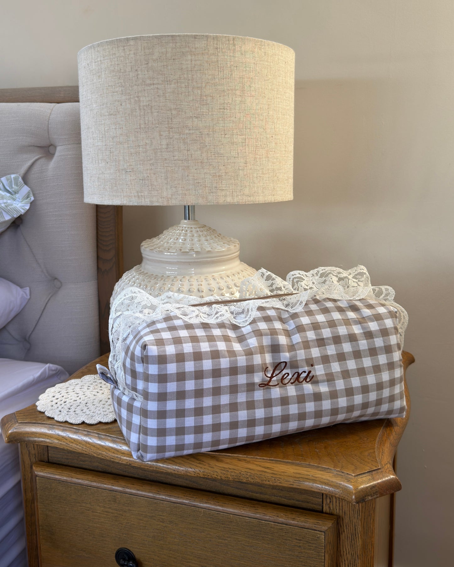 Beige Gingham Lace Hair Tool Bag
