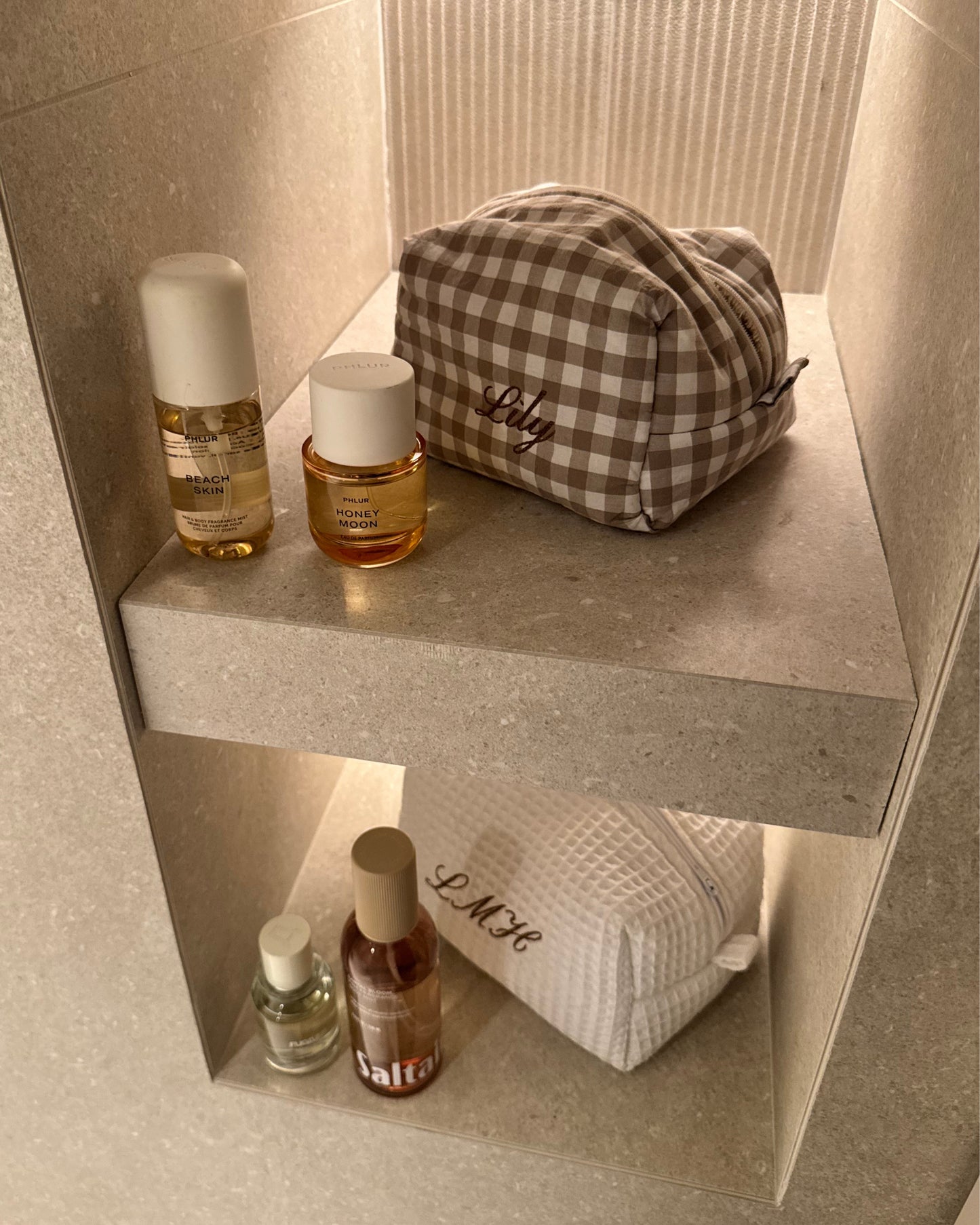 Beige Gingham Wash Bag