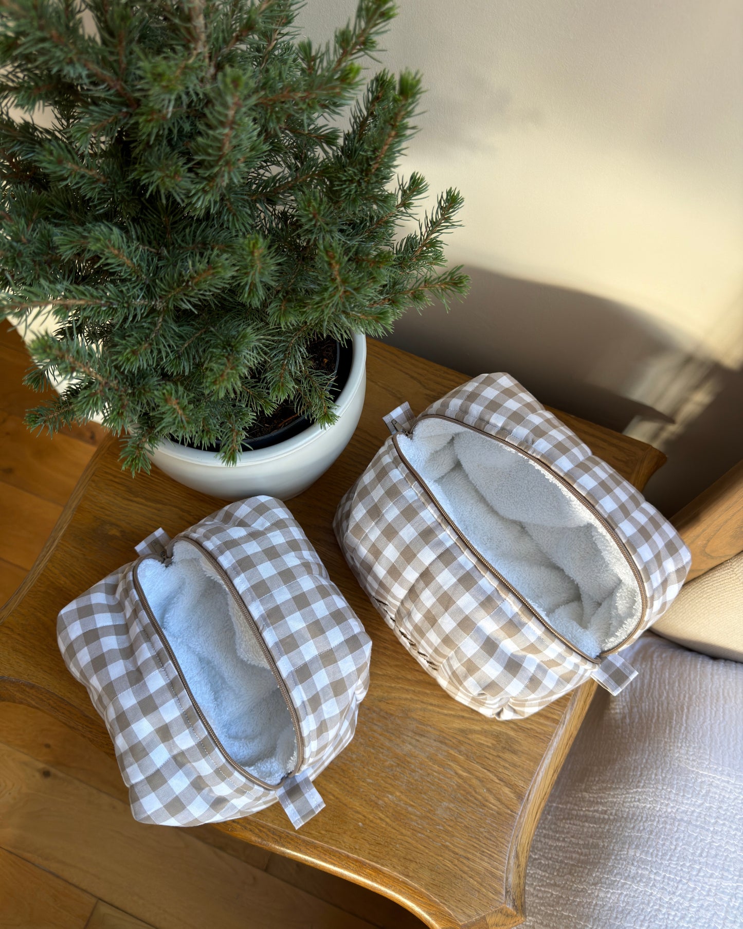 Beige Gingham Wash Bag